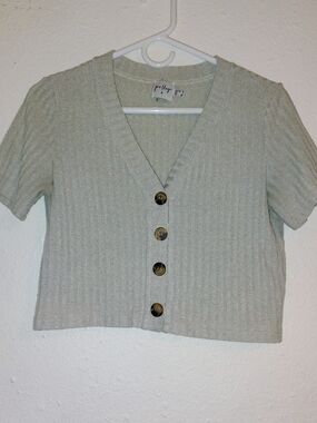 Polly & Esther Light Sage Ribbed Button-Front Cropped Top